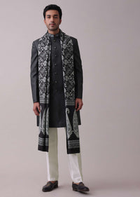 Black Poyester Sherwani Set With Floral Printed Stole And Collar Detailing