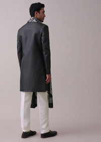 Black Poyester Sherwani Set With Floral Printed Stole And Collar Detailing