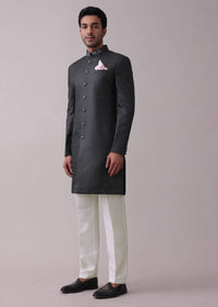 Black Poyester Sherwani Set With Floral Printed Stole And Collar Detailing