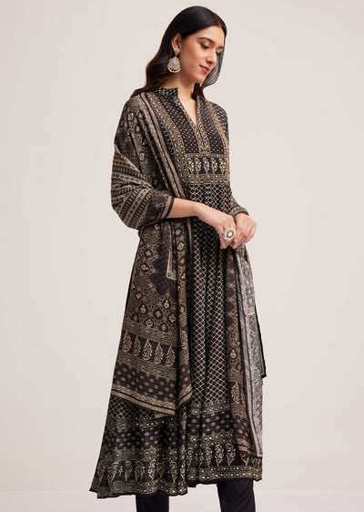 Black Printed Anarkali Set With Dupatta