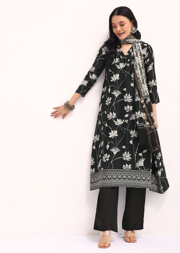 Black Printed Chanderi Kurta Set With Dupatta