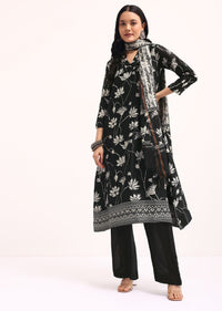 Black Printed Chanderi Kurta Set With Dupatta