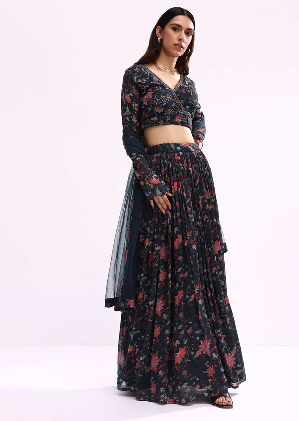 Midnight Blue Printed Chiffon Lehenga Choli Set