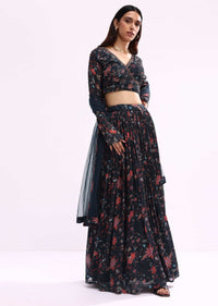 Midnight Black Printed Chiffon Lehenga Choli Set