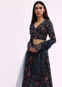 Midnight Black Printed Chiffon Lehenga Choli Set