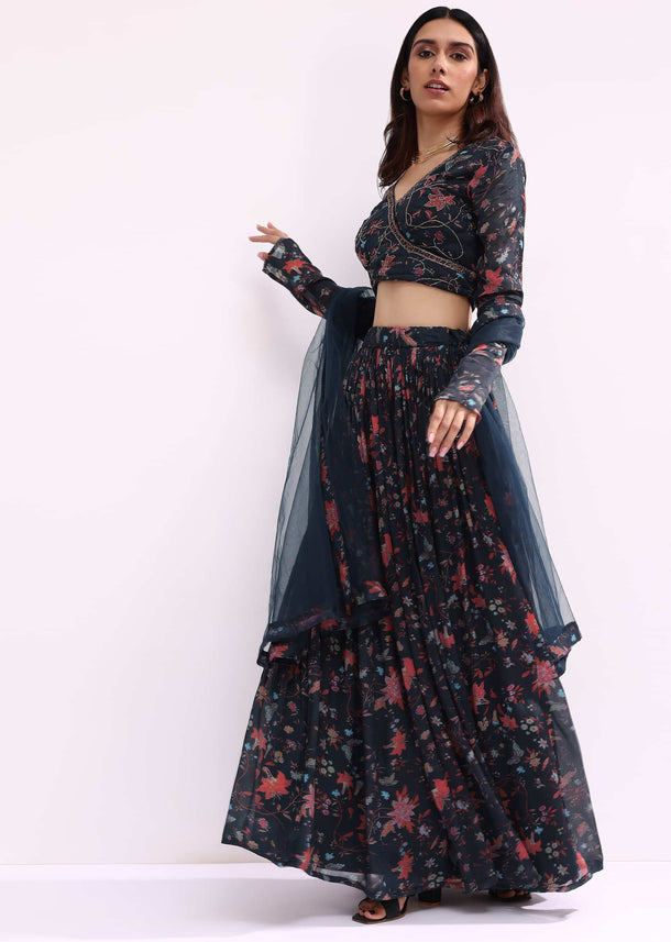 Midnight Blue Printed Chiffon Lehenga Choli Set