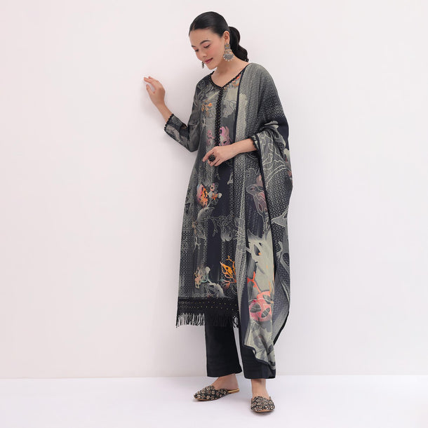 Black Printed Cotton Kurta Set