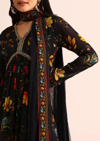 Black Printed Georgette Kurta Sharara With Dupatta