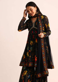 Black Printed Georgette Kurta Sharara With Dupatta