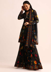 Black Printed Georgette Kurta Sharara With Dupatta