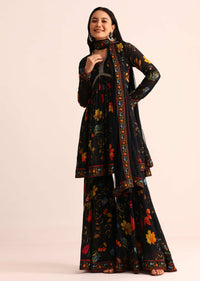 Black Printed Georgette Kurta Sharara With Dupatta