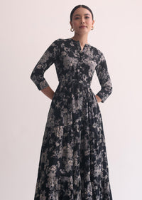 Black Printed Kurti Dress In Cotton With Belt