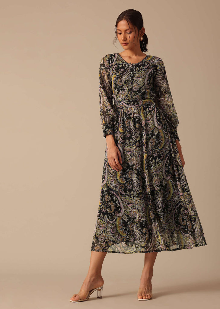 Black Printed Kurta in Chiffon With Belt
