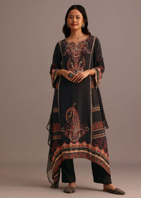 Black Printed Kurti Pant Set With Chiffon Dupatta