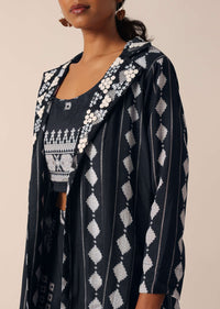 Black Printed Long Jacket And Pant Set In Cotton