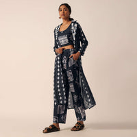 Black Printed Long Jacket And Pant Set In Cotton