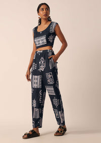 Black Printed Long Jacket And Pant Set In Cotton