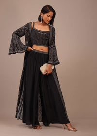 Black Printed Palazzo Suit With Stone Work In Crepe