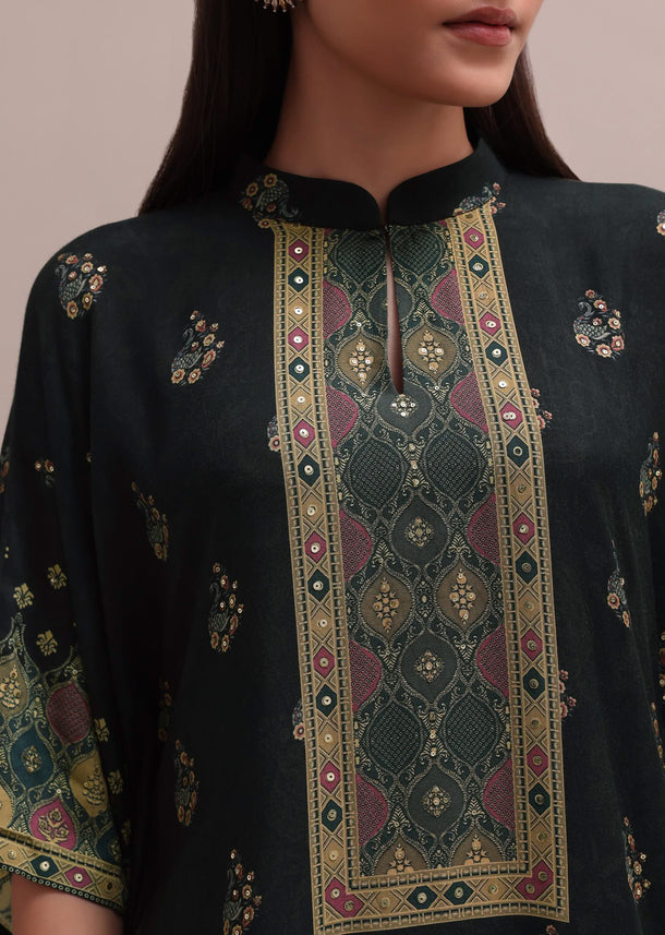 Black Printed Silk Kaftan And Palazzo Co-ord Set With Sequins Embroidery