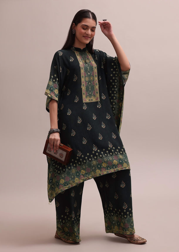 Black Printed Silk Kaftan And Palazzo Co-ord Set With Sequins Embroidery