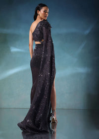 Black Rainbow Sequins Gown With Beads Embroidery, Side Slit And Extended Bell Sleeve