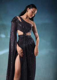 Black Rainbow Sequins Gown With Beads Embroidery, Side Slit And Extended Bell Sleeve