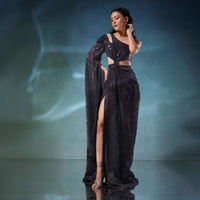 Black Rainbow Sequins Gown With Beads Embroidery, Side Slit And Extended Bell Sleeve