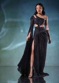 Black Rainbow Sequins Gown With Beads Embroidery, Side Slit And Extended Bell Sleeve