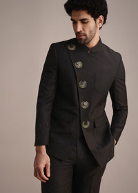 Black Rayon Angrakha Jodhpuri Suit