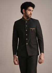 Black Rayon Embroidered Jodhpuri Suit