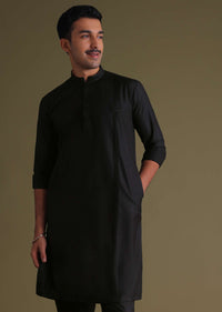 Black Pathani Kurta Set In Terry Rayon With Embroidery