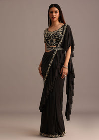 Black Ready Pleated Frills Saree With Embroided Blouse And Belt
