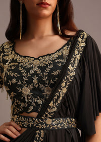 Black Ready Pleated Frills Saree With Embroided Blouse And Belt