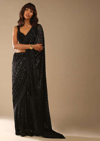 Black Ready Pleated Saree Embellished In Sequins And A Sleeveless Velvet Blouse With A Front Cut Out