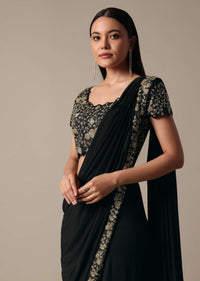 Black Ready Pleated Saree With Embellished Blouse