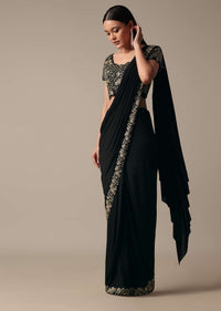 Black Ready Pleated Saree With Embellished Blouse