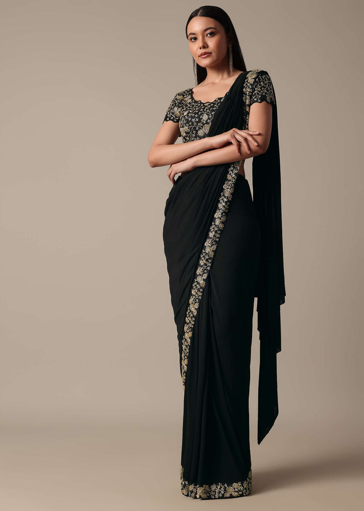 Black Ready Pleated Saree With Embellished Blouse