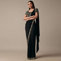 Black Ready Pleated Saree With Embellished Blouse