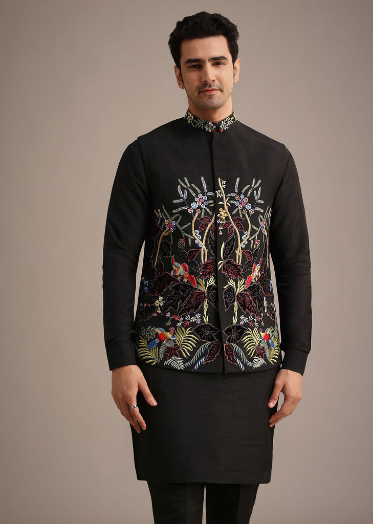 Black Resham Embroidered Jacket And Kurta Set In Silk