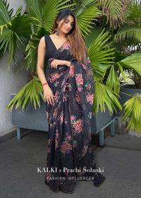 Black Saree In Organza With Floral Print All Over And Scalloped Resham Border Along With Unstitched Blouse