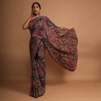 Black Saree In Georgette With Kashmiri Embroidery In Paisley And Floral Jaal