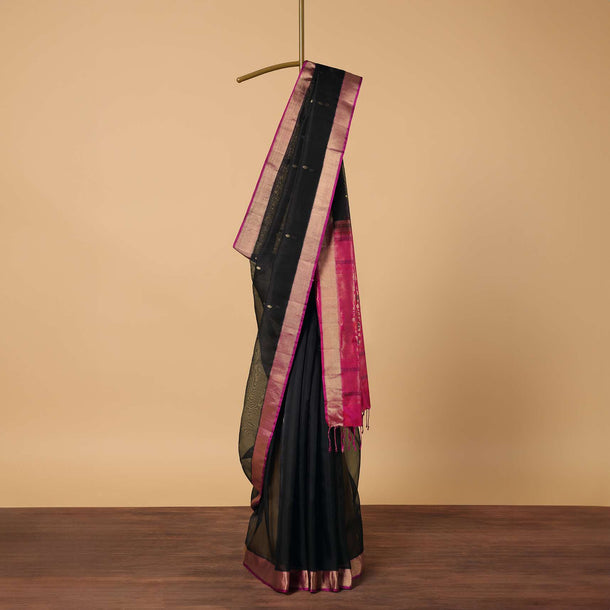 Black Saree In South Album Silk With Woven Detail And Unstitched Blouse Piece