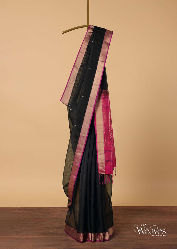 Black Saree In South Album Silk With Woven Detail And Unstitched Blouse Piece