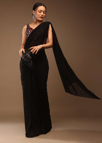 Black Saree With A Crop Top In Multi-Colored Sequins Embellishment Padded With Tie-Up Tassel Dori At The Back