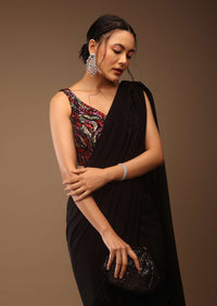 Black Saree With A Crop Top In Multi-Colored Sequins Embellishment Padded With Tie-Up Tassel Dori At The Back