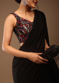 Black Saree With A Crop Top In Multi-Colored Sequins Embellishment Padded With Tie-Up Tassel Dori At The Back