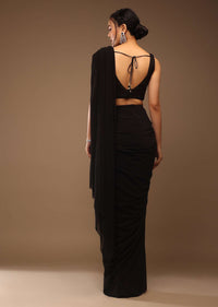 Black Saree With A Crop Top In Multi-Colored Sequins Embellishment Padded With Tie-Up Tassel Dori At The Back