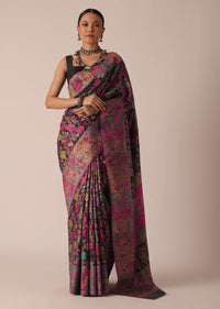 Black Saree With Kashmiri Thread Work And Unstitched Blouse Piece