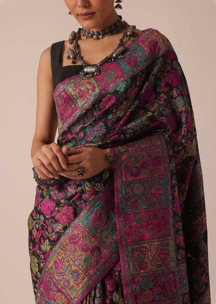 Black Saree With Kashmiri Thread Work And Unstitched Blouse Piece