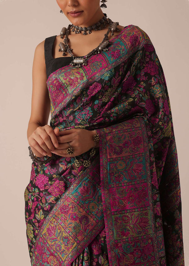Black Saree With Kashmiri Thread Work And Unstitched Blouse Piece